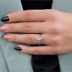 White Gold Plated  Marquee Cut CZ Solitaire Ring. New.